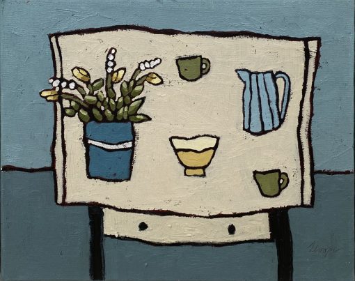 movement and texture with a muted colour palette. Still Life drawer of Crooked Pots and Flowers and Everyday Objects. Working in Oil. Jane Hooper, Flower and Jug, £550, Medium: Acrylic on Paper, Size: 25cm x 20cm Framed: 29cm x 24cm