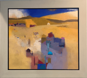 Gerry Dudgeon, Draa Valley Yellow £2,120 Medium: Acrylic on Canvas Size: 66 x 76cm Nadia Waterfield Fine Art. Oil turned Acrylic Painting working vibrant and bold colours. Gerry draws inspiration from the paintings of Barbara Rae, Joan Eardley, Ivon Hitchens and Peter Lanyon. Abstract Land and cityscapes.