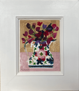 Former Abstract turned representational artist. Painting domestic scenes including family, landscape and nature. Composition, Pattern and Colour are of interest. She works in Oil. Arabella Shand, Sweet Peas £385 Medium: Acrylic on Board Size: 20 x 16cm