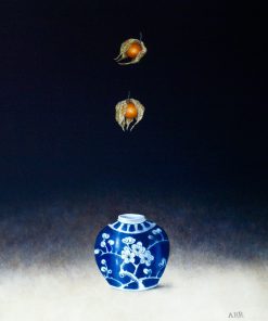 Still Life Painter of Chinese Antiques and fabrics. surrealist work capturing movements.acrylic on heavyweight Fabriano paper, float mounted in elegant black box frames and behind high quality non-reflective glass. Alison Rankin, Small Ginger Jar with Two Falling Physalis, £1,600, Medium: Acrylic on Paper, Size: 73 x 63cm, Framed Size: 63cm x 73cm