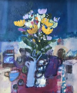 Rory McLauchlan, Still Life with Marigolds £595 Medium: Oil on Canvas Size: 40 x 40cm Landscape Painter inspired by France and Scotland. A contemporary artist. Still life paintings of flowers in oil. Nadia Waterfield Fine Art.