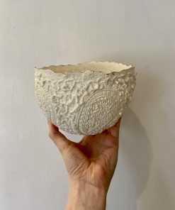 Ceramic Porcelain Artist from Somerset. Impressionist pottery Vases and Bowls, In off-white. Botanical Influenced home ornaments. Kolkata V £400 Medium: Porcelain. Fine Porcelain paper clay gold rim bowl with Indian paisley wood block inlay. 16cm x 16cm x 11cm