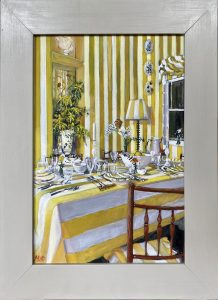 Still Life and Contemporary Artist who works in oil. she is inspired by scenes of travelling, cities and the French Rivera. Depicting Street Scenes and Interior through painting. Louise Millin Inchley, Sunshine Stripes, Size: 50cm x 60cm, Framed Size: 40cm x 53cm, oil, £900