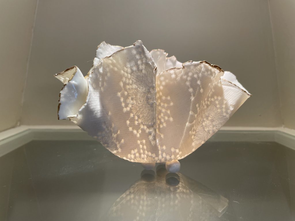 £225 Medium: Porcelain Nadia Waterfield Fine Art. ceramic bowl in off-white with lace detailing.