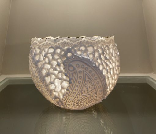 Caroline Milne, Kolkata V £225 Medium: Porcelain Nadia Waterfield Fine Art. Porcelain Bowl with Lace Ceramic detailing.