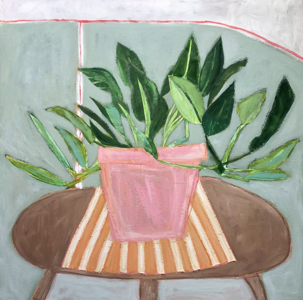 Diana Forbes, Philodendron on Table £1,200 Medium: Oil on Collage on Canvas Size: 64 x 64cm Nadia Waterfield Fine Art. Expressive Mixed Media Artist from Oxfordshire. Inspired by Nature, Plants and Botanical Objects. Her colour palette is pastel pinks, greens and yellows. She works with Clay and Charcoal collected on her walks. Collage is at the heart of her work.