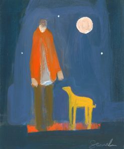 Carol Saunderson, Night Walk £295 Medium: Acrylic on Board Size: 28 x 23.5cm Paintings connected to the land and it's creatures in Suffolk. Bold Colouring and contemporary artist. Working in acrylic on board.