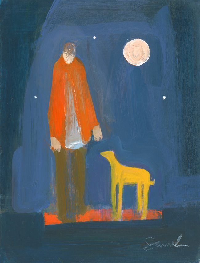 Carol Saunderson, Night Walk £295 Medium: Acrylic on Board Size: 28 x 23.5cm Paintings connected to the land and it's creatures in Suffolk. Bold Colouring and contemporary artist. Working in acrylic on board.