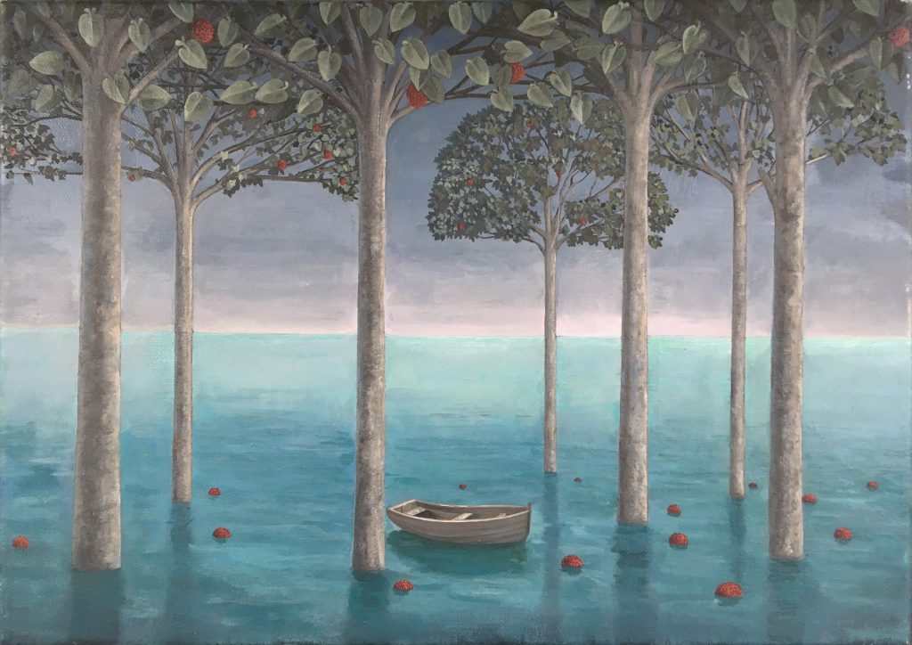Samuel Kirk, Orchard £995 Medium: Oil on Canvas Size: 47 x 59cm. Figurative artist painting from memory. Surrealism painting with oil. A distorted vision of a perceived reality. Nadia Waterfield Fine Art.