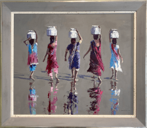 Observational and Emotive artworks captured while travelling.andscapes of exotic and timeless places such as Burma, Kerala, Laos, Sri Lanka and Zanzibar. Vibrant Colour Palette. Patrick Gibbs, Women Walking India, £4,500, Medium: Oil on Board, Size: 85 x 72cm