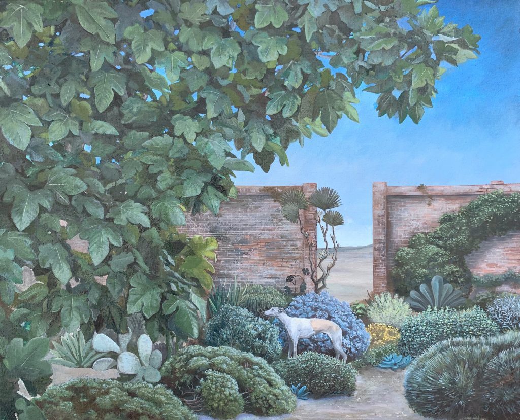 Samuel Kirk, Walled Garden £1,800 Medium: Oil on Canvas Size: 56 x 67cm Figurative artist painting from memory. Surrealism painting with oil. A distorted vision of a perceived reality. Nadia Waterfield Fine Art.