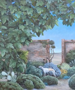 Samuel Kirk, Walled Garden £1,800 Medium: Oil on Canvas Size: 56 x 67cm Figurative artist painting from memory. Surrealism painting with oil. A distorted vision of a perceived reality. Nadia Waterfield Fine Art.