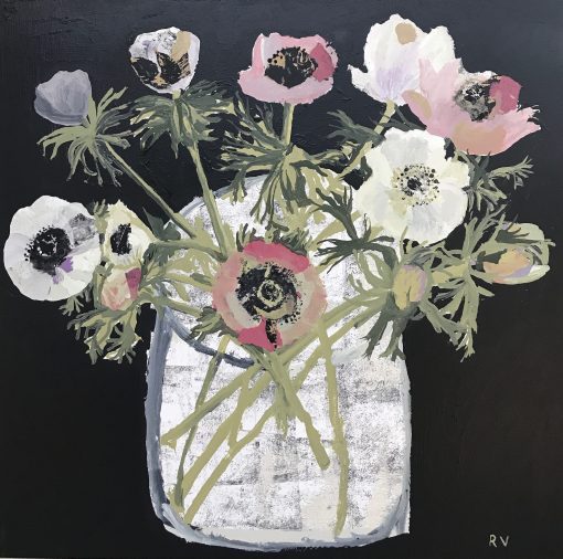Influences from printmaking, overlaid with mark making and mixed media. Capturing Still Life and Landscapes in Muted Colours. Floral Arrangements. Rosemary Vanns, Anemones, £950, Medium: Acrylic on Board, Size: 64 x 64cm