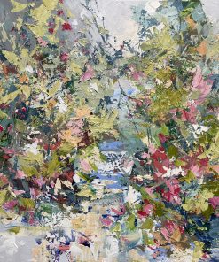 Paul Treasure, Bloom £5,500 Medium: Oil on Canvas Size: 100 x 100 cms Expressive style using a palette knife. light, shade and reflection of the natural world. contemporary colourful floral artist.