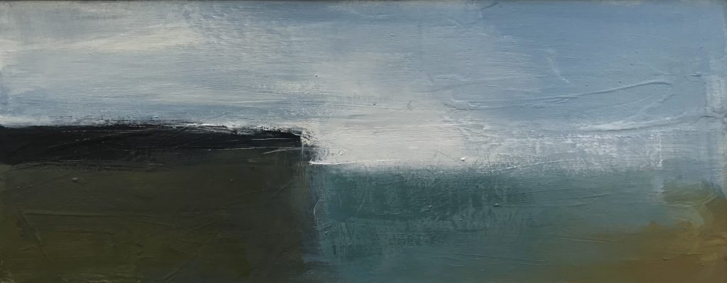 Boo Mallinson, Coastal Light I £495 Medium: Acrylic & Charcoal on Canvas Size: 15 x 38cm Visual Landscape diary for Daily Walks in Dorset. Seasonal abstract paintings in Acrylic. Interpretive art.