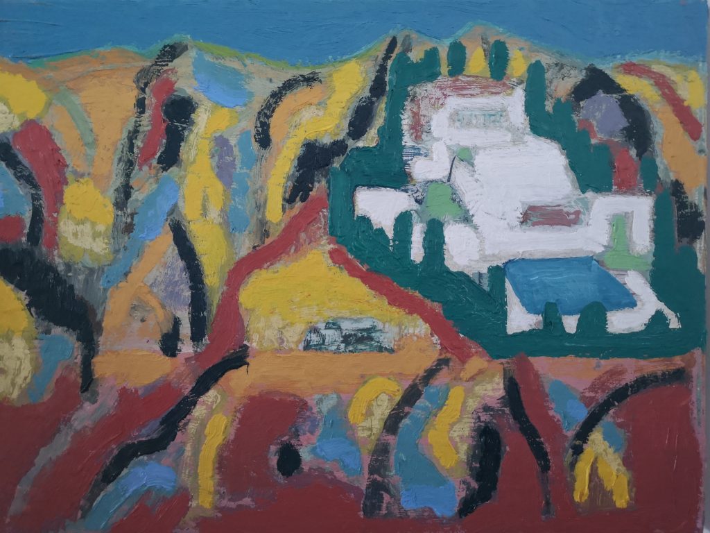 Nick Carrick, Mountain Villa £700 Medium: Oil on Canvas Size: 40 x 50 cm Paintings inspired by Travel and Landscape. This fluid artwork is painted in a mixed media of sketch, pastel and oil. Subject Matter of Landscape and Changing Seasons in Sussex.Nadia Waterfield Fine Art.
