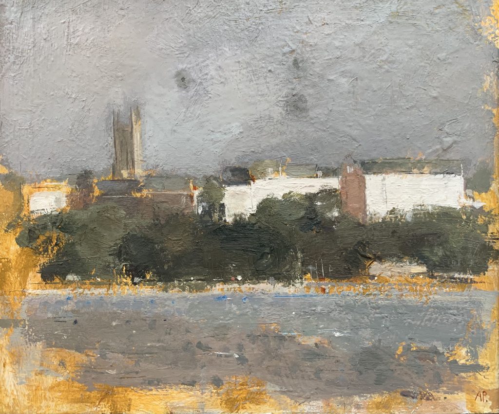 Adrian Parnell, Waters Edge £700 Medium: Oil on wooden panel Size: 40 x 30 cm Appearing on Nadia Waterfield Fine Art Gallery. Contemporary Painting, Landscape next to river bank.