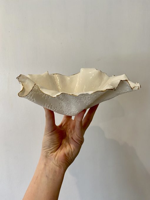 Ceramic Porcelain Artist from Somerset. Impressionist pottery Vases and Bowls, In off-white. Botanical Influenced home ornaments. Kolkata II £275 Fine Porcelain paper clay handkerchief gold rim bowl with antique lace inlay. 35cm x 25cm x 30cm