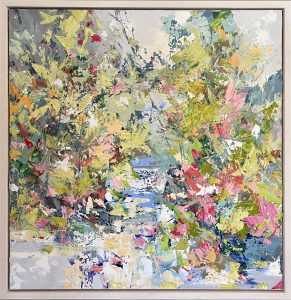 Paul Treasure, Bloom £5,500 Medium: Oil on Canvas Size: 100 x 100 cms Expressive style using a palette knife. light, shade and reflection of the natural world. contemporary colourful floral artist.