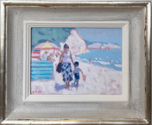 Stephen Brown, Beer Beach £485 Medium: Oil on Canvas Size: 15 x 20cm Contemporary Artists working in oils. Subjects in Devon, England. Marine Artist depicting coastal beaches. Pastel tones.