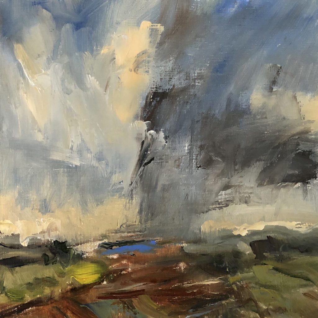 Lucy Marks, Rain over Autumn Fields £350 Medium: Oil on wooden panel Size: 22 x 22cm Contemporary Landscape Artist working in Watercolour and Oil. Energies of the land, sea and sky; from wild seas to pensive landscapes. From the South Coast West Sussex. Nadia Waterfield Fine Art.