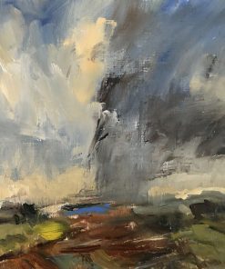 Lucy Marks, Rain over Autumn Fields £350 Medium: Oil on wooden panel Size: 22 x 22cm Contemporary Landscape Artist working in Watercolour and Oil. Energies of the land, sea and sky; from wild seas to pensive landscapes. From the South Coast West Sussex. Nadia Waterfield Fine Art.