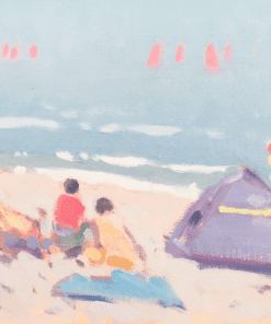 Stephen Brown, Red Sails and Sea Mist £495 Medium: Oil on Canvas Size: 16 x 22cm Nadia Waterfield Fine Art. Contemporary Artists working in oils. Subjects in Devon, England. Marine Artist depicting coastal beaches. Pastel tones.