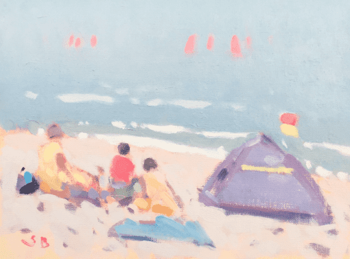 Stephen Brown, Red Sails and Sea Mist £495 Medium: Oil on Canvas Size: 16 x 22cm Nadia Waterfield Fine Art. Contemporary Artists working in oils. Subjects in Devon, England. Marine Artist depicting coastal beaches. Pastel tones.