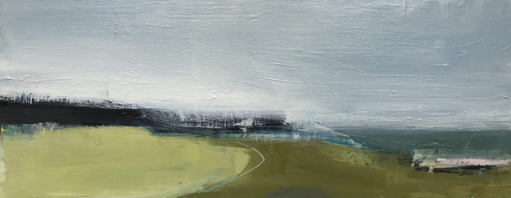Boo Mallinson, Shifting Blue II £495 Medium: Acrylic & Charcoal on Canvas Size: 20 x 50cm Visual Landscape diary for Daily Walks in Dorset. Seasonal abstract paintings in Acrylic. Interpretive art.