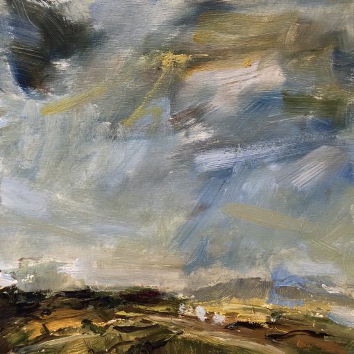 Lucy Marks, Summer Fields £350 Medium: Oil on wooden panel Size: 22 x 22cm Contemporary Landscape Artist working in Watercolour and Oil. Energies of the land, sea and sky; from wild seas to pensive landscapes. From the South Coast West Sussex. Nadia Waterfield Fine Art.