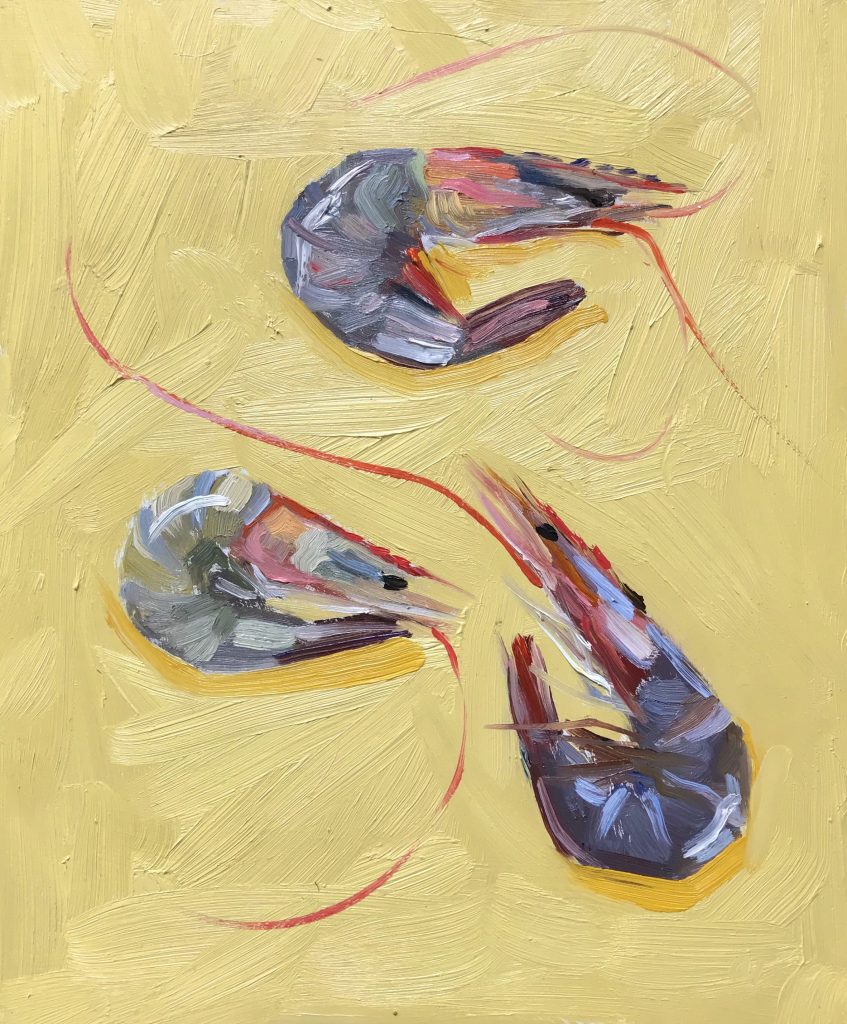 Still Life Painter of Cornish Crustaceans. Balancing Colour and Light of Everyday Object with a Rich Patterned and Textured Background. Ollie Tuck, Yellow Prawns, £675, Medium: Oil on Board, Size: 35 x 30cm, Framed Size: 35cm x 39cm