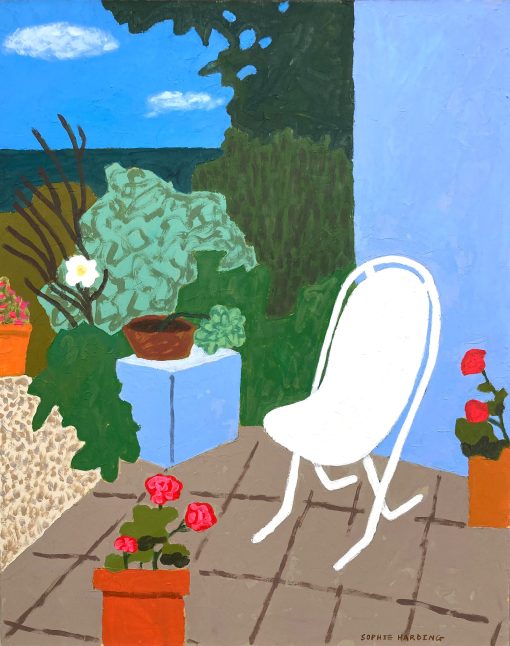 Sophie harding contemplation still life painting acrylic on ply panel 40cm x 50cm £895 garden scene