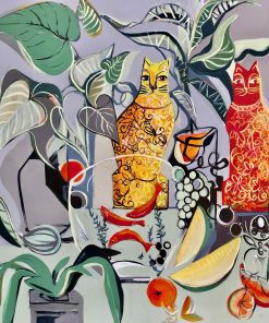 Marissa Weatherhead, Marmalade Cats £3,500 Medium: Acrylic on Canvas Size: 100 x 100cm Painter of Still Life. Familiar objects exploring space, colour and composition. Flat Imagery involving mark-making. Working in acrylic.