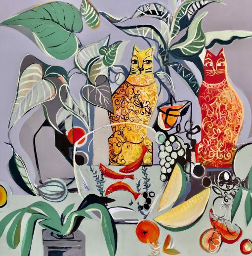 Marissa Weatherhead, Marmalade Cats £3,500 Medium: Acrylic on Canvas Size: 100 x 100cm Painter of Still Life. Familiar objects exploring space, colour and composition. Flat Imagery involving mark-making. Working in acrylic.