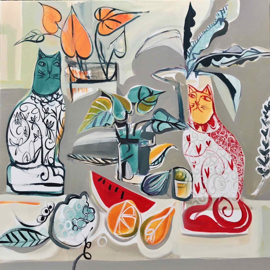 Marissa Weatherhead, Watermelon and Cats £3,200 Medium: Acrylic on Canvas Size: 80cm x 80cm