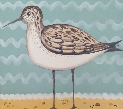 Peak District Landscapes with Animals, Pets and houses. Stylised and left facing or imaginary animals. quirky simplicity and earthy palette. Painted in oil. Catriona Hall, Gracious Greenshank, £450, Medium: Oil on Board, Size: 31 x 31cm Framed: 39 x 39