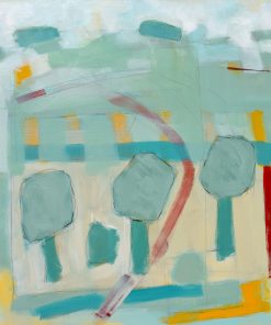 Soft Geometry 7,Acrylic on Canvas, 101cm x 101cm, £2800 Non-Representational Landscape Paintings from Birds Eye View. Acrylic on Canvas or Board in Hues of muted Greens with pops of Primary Colour.﻿