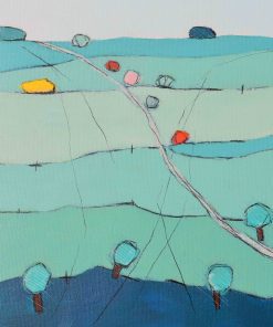 Blue Remembered Hills IV, Acrylic on Canvas, 30cm x 30cm, £480 Non-Representational Landscape Paintings from Birds Eye View. Acrylic on Canvas or Board in Hues of muted Greens with pops of Primary Colour.﻿