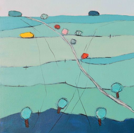 Blue Remembered Hills IV, Acrylic on Canvas, 30cm x 30cm, £480 Non-Representational Landscape Paintings from Birds Eye View. Acrylic on Canvas or Board in Hues of muted Greens with pops of Primary Colour.﻿