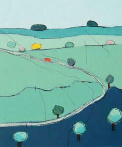 Blue Remembered Hills, Acrylic on Canvas, 30cm x 30cm, £480 Non-Representational Landscape Paintings from Birds Eye View. Acrylic on Canvas or Board in Hues of muted Greens with pops of Primary Colour.﻿