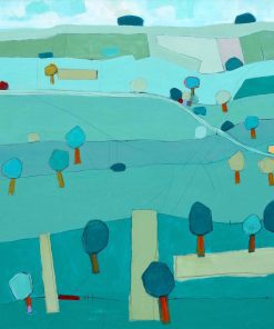 The-Fields-2021-acry-lic-on-canvas-92-x-92-cm-2500 Non-Representational Landscape Paintings from Birds Eye View. Acrylic on Canvas or Board in Hues of muted Greens with pops of Primary Colour.﻿