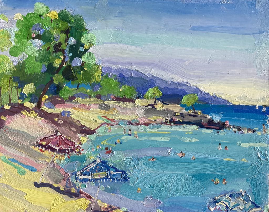 Artist outdoor painting of landscapes and seascapes in vibrant colours. Oil Painter painting a series on travelling. Anna Cecil,Cooling Off, Midday heat II, Oil on Board, 25cm x 30cm, £350
