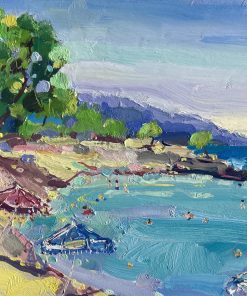 Artist outdoor painting of landscapes and seascapes in vibrant colours. Oil Painter painting a series on travelling. Anna Cecil,Cooling Off, Midday heat II, Oil on Board, 25cm x 30cm, £350