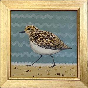 Peak District Landscapes with Animals, Pets and houses. Stylised and left facing or imaginary animals. quirky simplicity and earthy palette. Painted in oil. Catriona Hall, Serious Sanderling, £450, Medium: Oil on Board, Size: 33cm x 33cm Framed: 39cm x 39cm