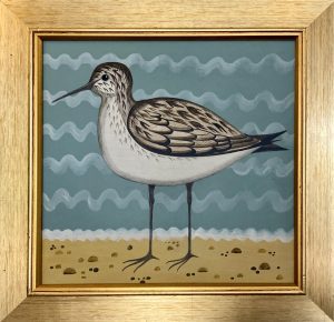 Peak District Landscapes with Animals, Pets and houses. Stylised and left facing or imaginary animals. quirky simplicity and earthy palette. Painted in oil. Catriona Hall, Gracious Greenshank, £450, Medium: Oil on Board, Size: 31 x 31cm Framed: 39 x 39