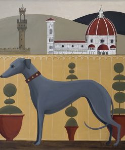 Peak District Landscapes with Animals, Pets and houses. Stylised and left facing or imaginary animals. quirky simplicity and earthy palette. Painted in oil. Catriona Hall, Dog & Duomo, £700, Medium: Oil on Board Size: 52 x 52cms Framed: 59 x 59cms