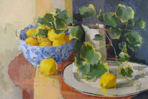 Still Life Contemporary Painter working with vibrant hues of Orange and Yellow. Capturing the realism of the object in particular botanical and landscape subjects. Moving leaves with Lemons, Size:40cm x 60cm Framed: 55cm x 75cm, £2,950