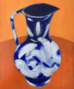 Rich textures, layers, bright colours showing faces and still life. Picasso style artist. oil, pastels and mixed media painter. Jug with squiggles, acrylic on canvas 61 x 45.5 cm £1495