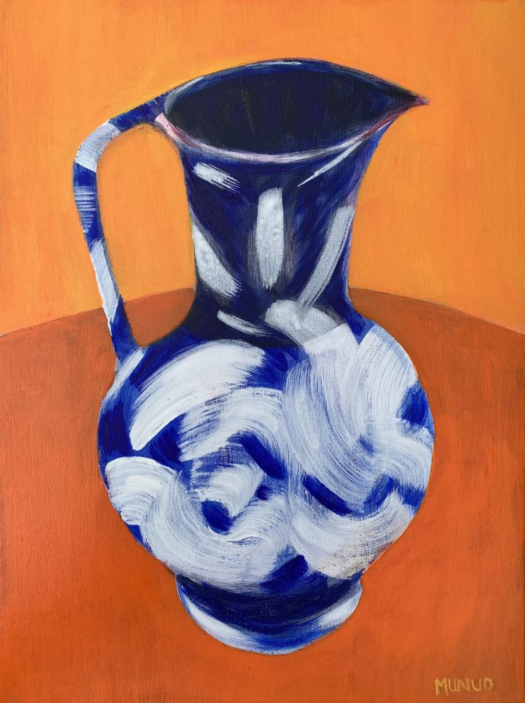 Rich textures, layers, bright colours showing faces and still life. Picasso style artist. oil, pastels and mixed media painter. Jug with squiggles, acrylic on canvas 61 x 45.5 cm £1495