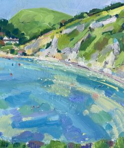 Artist outdoor painting of landscapes and seascapes in vibrant colours. Oil Painter painting a series on travelling. Anna Cecil, October Swim, Lulworth Cove, Oil on Board, 35cm x 40cm, £675
